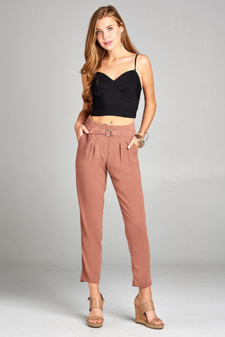 Ladies fashion high rise w/double metal trim belt long leg woven trousers