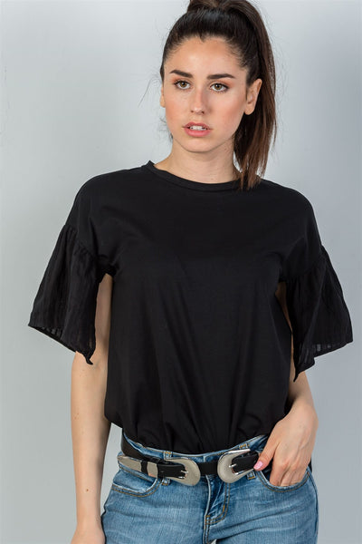 Ladies fashion black split short sleeve top
