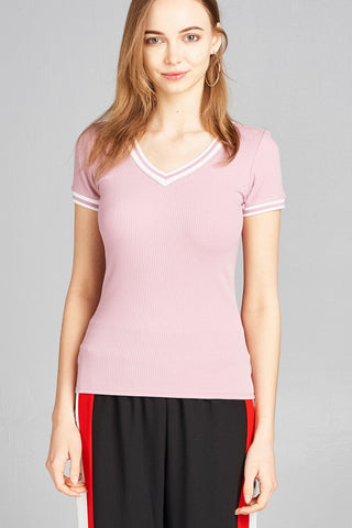 Ladies fashion short contrast ribbed sleeve and v-neck cotton spandex top