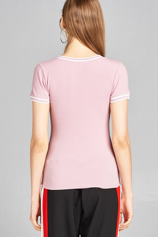 Ladies fashion short contrast ribbed sleeve and v-neck cotton spandex top