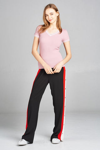 Ladies fashion short contrast ribbed sleeve and v-neck cotton spandex top