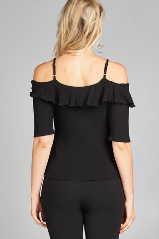 Ladies fashion elbow sleeve open shoulder w/ruffle ribbed cotton spandex top