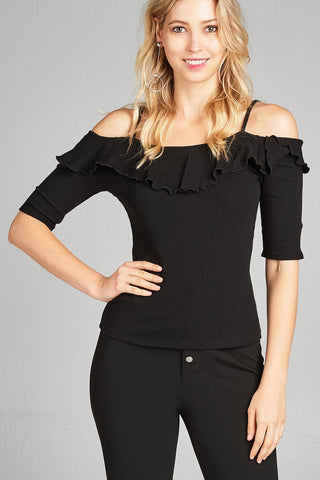 Ladies fashion elbow sleeve open shoulder w/ruffle ribbed cotton spandex top