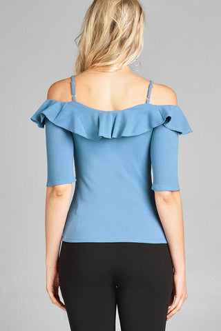 Ladies fashion elbow sleeve open shoulder w/ruffle ribbed cotton spandex top