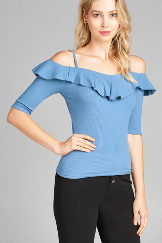 Ladies fashion elbow sleeve open shoulder w/ruffle ribbed cotton spandex top