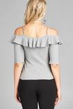 Ladies fashion elbow sleeve open shoulder w/ruffle ribbed cotton spandex top