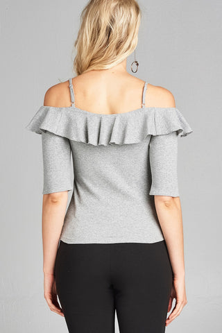 Ladies fashion elbow sleeve open shoulder w/ruffle ribbed cotton spandex top