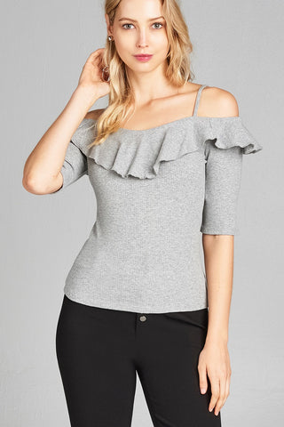 Ladies fashion elbow sleeve open shoulder w/ruffle ribbed cotton spandex top
