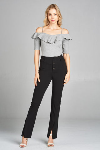 Ladies fashion elbow sleeve open shoulder w/ruffle ribbed cotton spandex top
