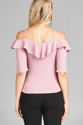 Ladies fashion elbow sleeve open shoulder w/ruffle ribbed cotton spandex top