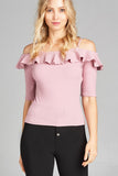 Ladies fashion elbow sleeve open shoulder w/ruffle ribbed cotton spandex top