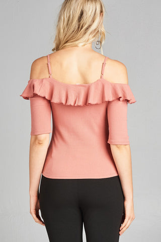 Ladies fashion elbow sleeve open shoulder w/ruffle ribbed cotton spandex top