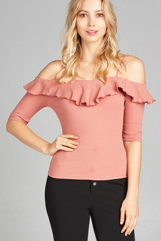 Ladies fashion elbow sleeve open shoulder w/ruffle ribbed cotton spandex top