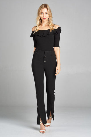 Ladies fashion elbow sleeve open shoulder w/ruffle ribbed cotton spandex top