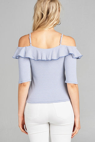 Ladies fashion elbow sleeve open shoulder w/ruffle stripe ribbed cotton spandex top