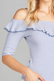 Ladies fashion elbow sleeve open shoulder w/ruffle stripe ribbed cotton spandex top