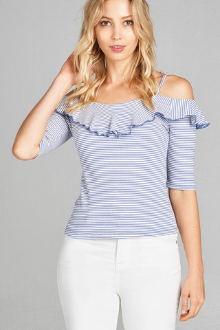 Ladies fashion elbow sleeve open shoulder w/ruffle stripe ribbed cotton spandex top