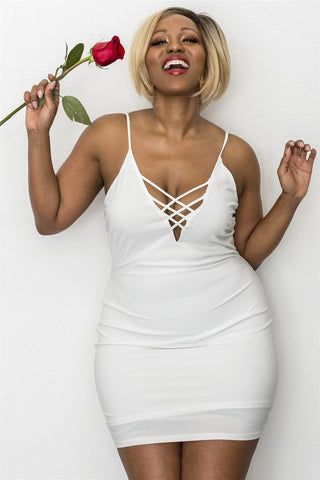 Ladies fashion plus size  stretchy adjustable straps mini length criss-cross v plunge dress