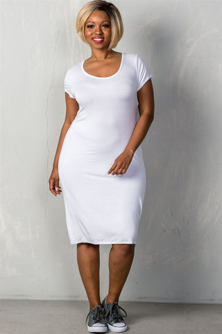 Ladies fashion plus size short sleeves stretchy fitted midi length round neckline dress