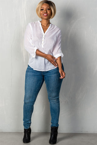 Ladies fashion plus size roll-sleeve with spike button detail v neckline with spike top