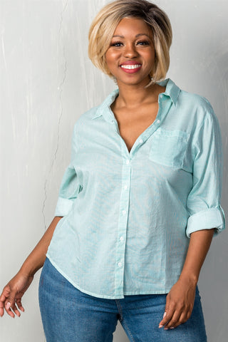 Ladies fashion plus size striped print button down closure long sleeves with roll sleeve top