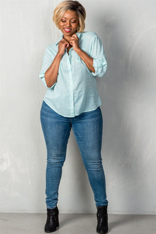 Ladies fashion plus size striped print button down closure long sleeves with roll sleeve top