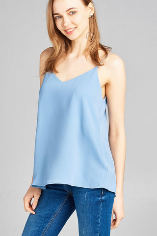 Ladies fashion v-neck w/back cross strap woven cami top