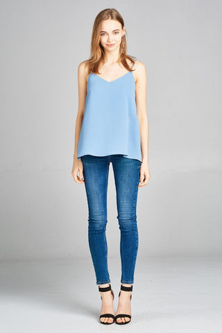 Ladies fashion v-neck w/back cross strap woven cami top