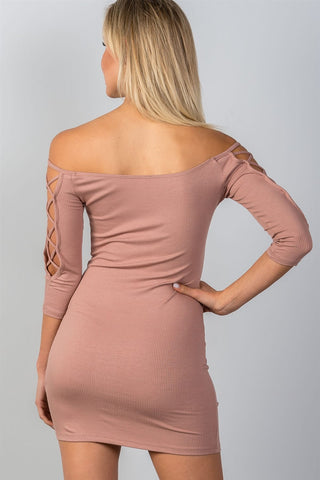 Ladies fashion off the shoulder criss-cross sleeves bodycon mini dress - merchandiserus2