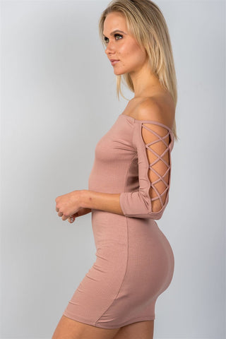 Ladies fashion off the shoulder criss-cross sleeves bodycon mini dress - merchandiserus2