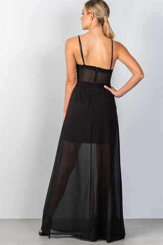 Ladies fashion lace trim bustier style bodice semi sheer maxi dress - merchandiserus2