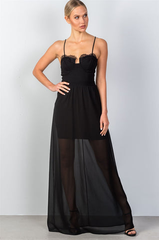 Ladies fashion lace trim bustier style bodice semi sheer maxi dress - merchandiserus2