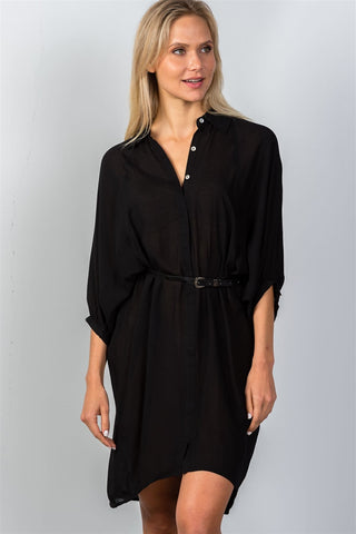 Ladies fashion button down front closure sheer batwing sleeves t-shirt belt included dress - merchandiserus2
