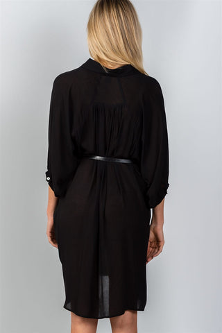 Ladies fashion button down front closure sheer batwing sleeves t-shirt belt included dress - merchandiserus2