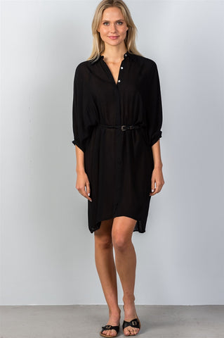 Ladies fashion button down front closure sheer batwing sleeves t-shirt belt included dress - merchandiserus2