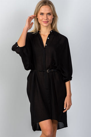 Ladies fashion button down front closure sheer batwing sleeves t-shirt belt included dress - merchandiserus2