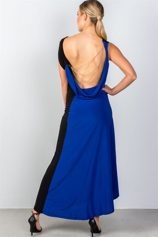 Ladies fashion draped back with necklace detail open back contrast color draped back maxi party dress - merchandiserus2