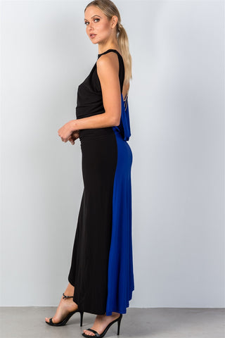 Ladies fashion draped back with necklace detail open back contrast color draped back maxi party dress - merchandiserus2