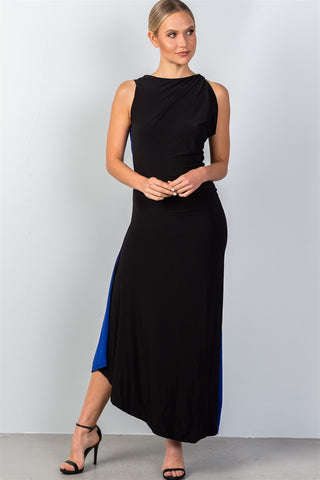 Ladies fashion draped back with necklace detail open back contrast color draped back maxi party dress - merchandiserus2