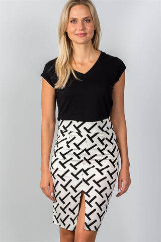 Ladies fashion black & white "t" print double split pencil mini skirt - merchandiserus2