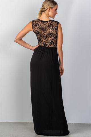 Ladies fashion sleeveless deep v plunge lace sheer top maxi dress - merchandiserus2