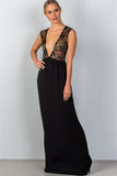Ladies fashion sleeveless deep v plunge lace sheer top maxi dress - merchandiserus2