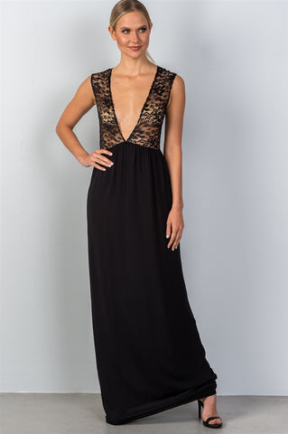 Ladies fashion sleeveless deep v plunge lace sheer top maxi dress - merchandiserus2
