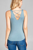 Ladies fashion round neck w/back cross strap detail rayon spandex top