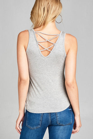 Ladies fashion round neck w/back cross strap detail rayon spandex top