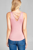 Ladies fashion round neck w/back cross strap detail rayon spandex top