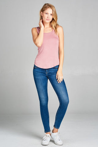 Ladies fashion round neck w/back cross strap detail rayon spandex top