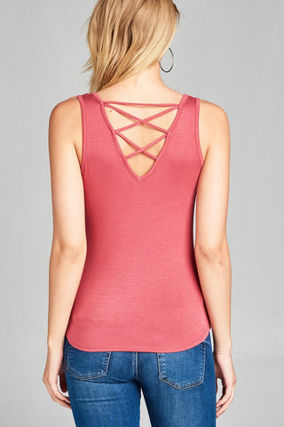 Ladies fashion round neck w/back cross strap detail rayon spandex top