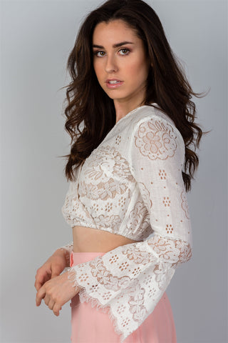 Ladies fashion boho white lace long bell sleeve crop top