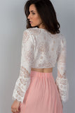 Ladies fashion boho white lace long bell sleeve crop top